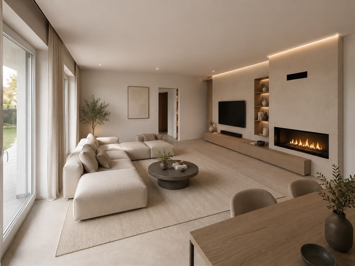 Visualisation of a possible living-area interior with a sofa, dining table and fireplace